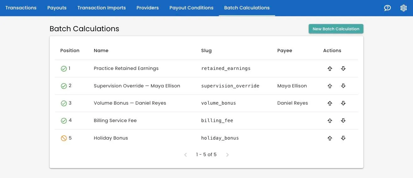 The Batch Calculations list, showing position, slug, payee and the enabled or disabled status of each one