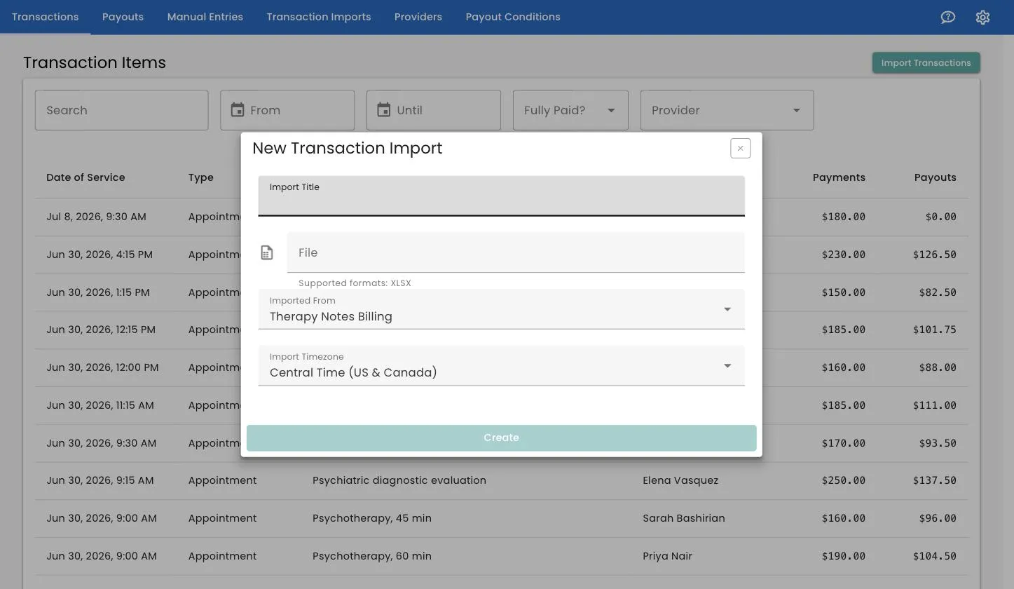 The New Transaction Import dialog, showing the Import Title, File, Imported From and Import Timezone fields