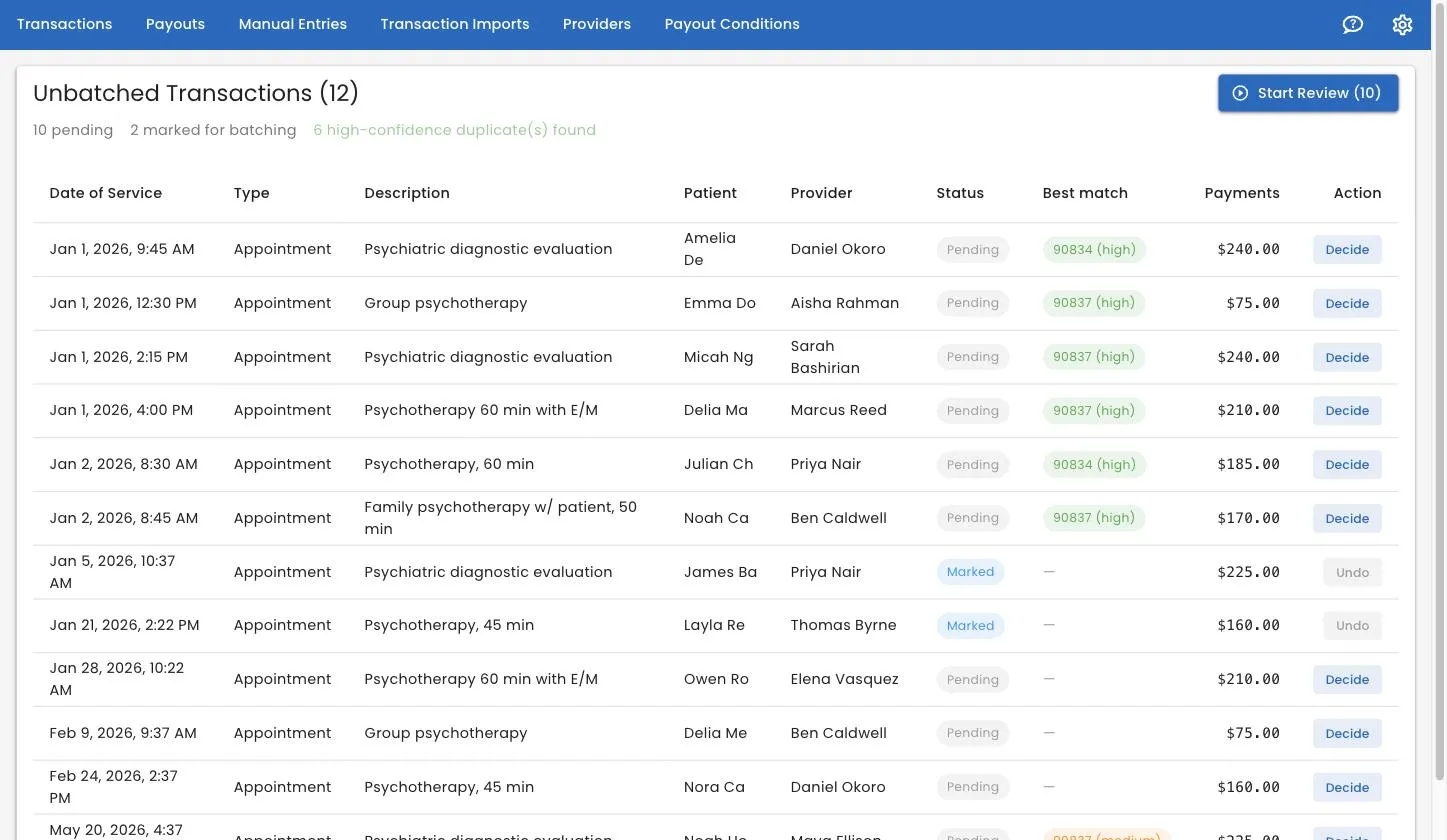 The Unbatched Transactions page, showing pending items with their best-match candidates
