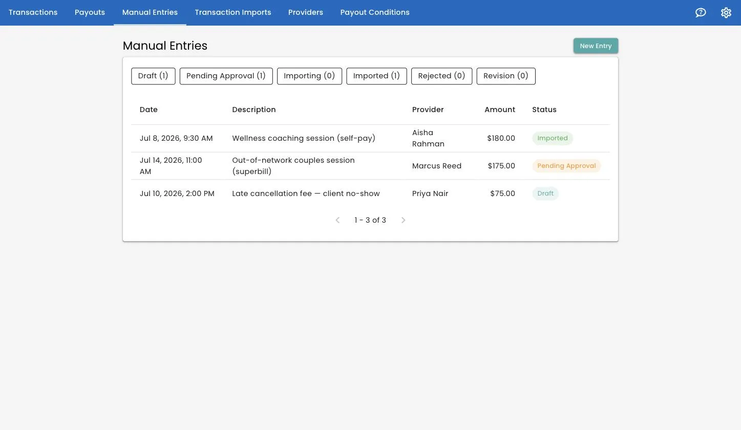 The Manual Entries list, with status filters across the top