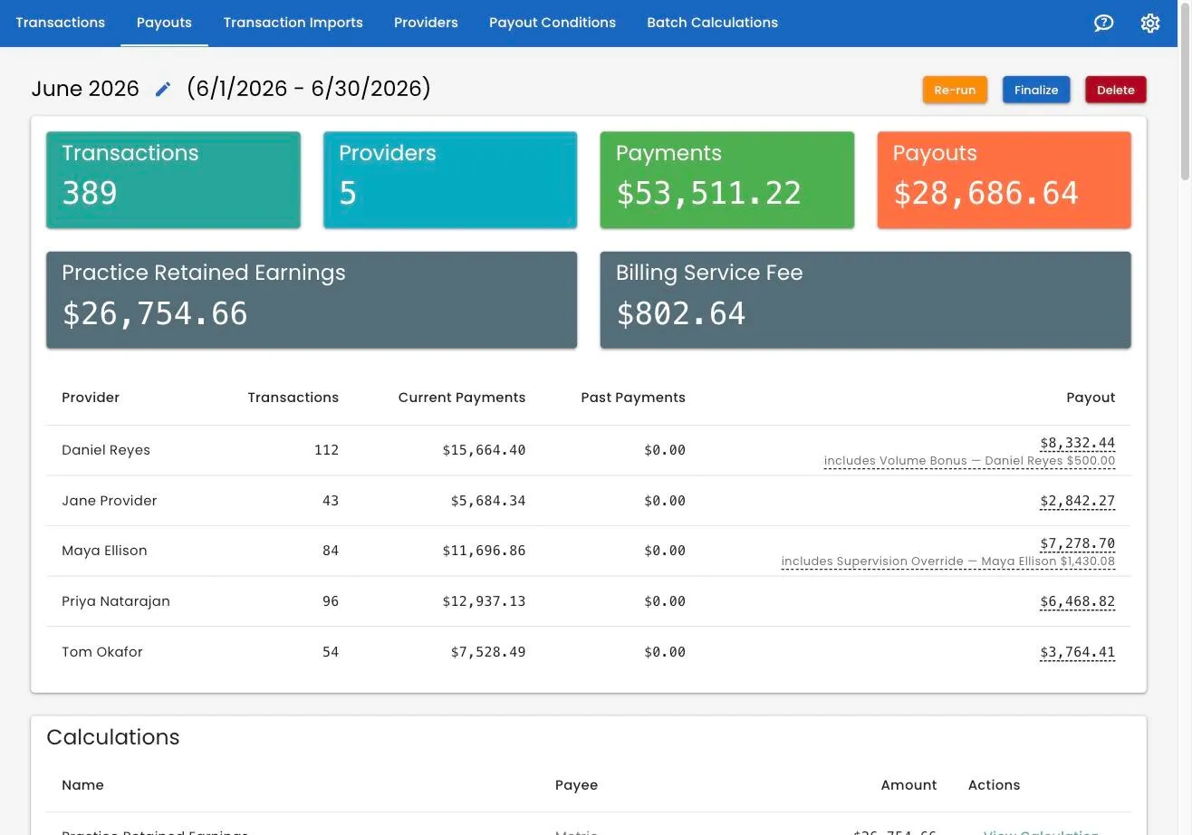A payout batch summary with metric cards and the payee amounts noted under each clinician’s payout