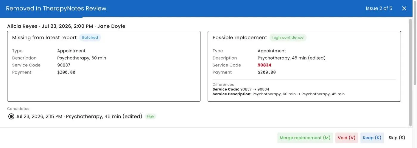 The review wizard, showing a flagged transaction beside its likely replacement