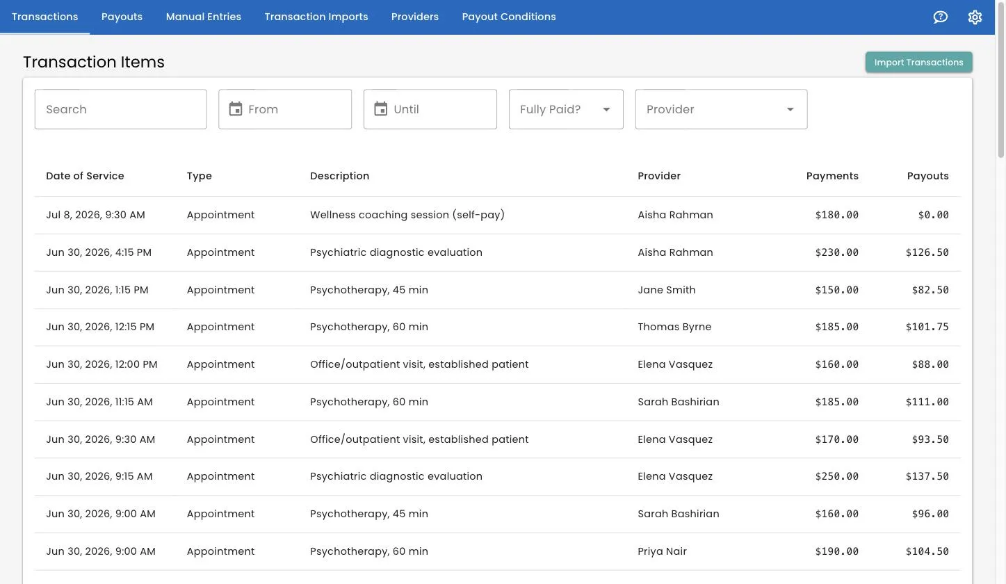 The Transactions list, showing date of service, type, description, provider, payments and payouts